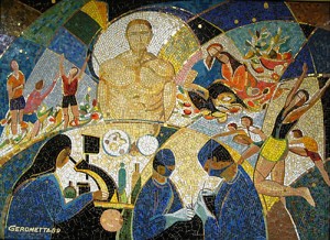 Giovanni Gerometta, L'amour de la vie, 1989. Mosaïque méthode indirecte, 168 X 198 cm. Collection Fondation de l’Hôpital Laval.
