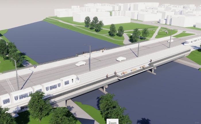 Représentation du pont Drouin avec le tramway