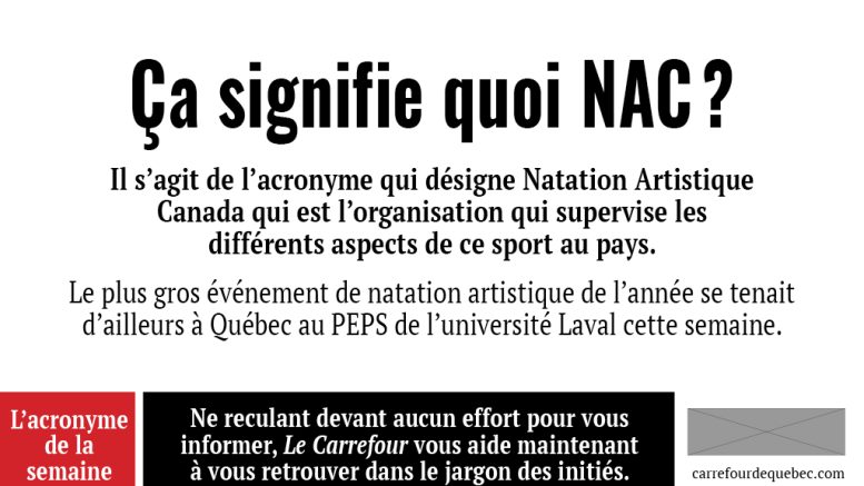 NAC est l’acronyme qui désigne Natation Artistique Canada.