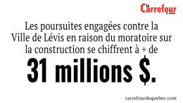 Les poursuites engagées contre la Ville de Lévis en raison du moratoire sur la construction se chiffrent à + de 31 millions $.   
