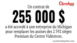Un contrat de 255 000 $ a été accordé à une entreprise du Michigan pour remplacer les assises des 2592 sièges Premium du Centre Vidéotron. 