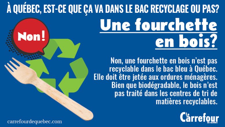 une fourchette en bois n'est pas recyclable dans le bac bleu à Québec.