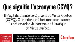 L'acronyme CCVQ désigne Comité de Citoyens du Vieux-Québec