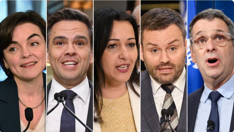 De gauche à droite: Christine Fréchette, cheffe de la Coalition Avenir Québec, le 13 avril 2026; Charles Milliard, chef du Parti libéral du Québec, le 12 juin 2026; Ruba Ghazal, porte-parole de Québec solidaire, le vendredi 12 juin 2026; Paul St-Pierre Plamondon, chef du Parti québécois, le 12 juin 2026; et Éric Duhaime, chef du Parti conservateur du Québec, le 24 septembre 2025. (Image: Jacques Boissinot, La presse canadienne)