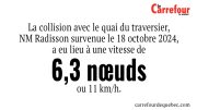 La collision avec le quai du traversier NMRadisson survenue le 18 octobre 2024, à eu lieu à une vitesse de 6,3 nœuds ou 11 km/h. 