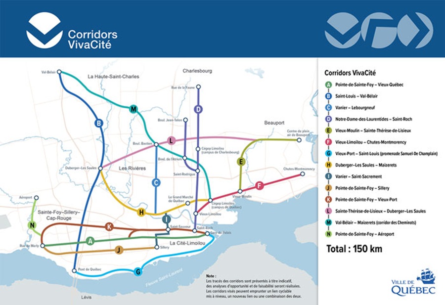 Le future réseau CVC à pour objectif de connecter les quartiers par plusieurs voies cyclables totalisant 150 km d'ici 2034. (Image: Ville de Québec)
